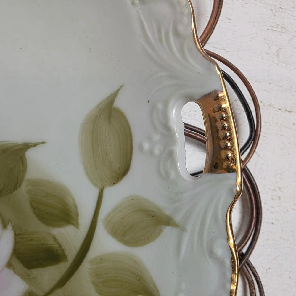 Antique Lefton Hand Painted Pink Rose Porcelain Cake Plate Gold Gilt Scallop Rim